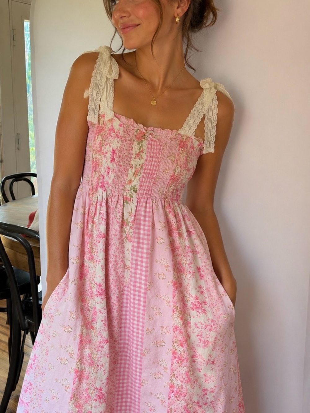 Altar'd State Pink Floral Patchwork Midi Dress with Cream Lace Ties